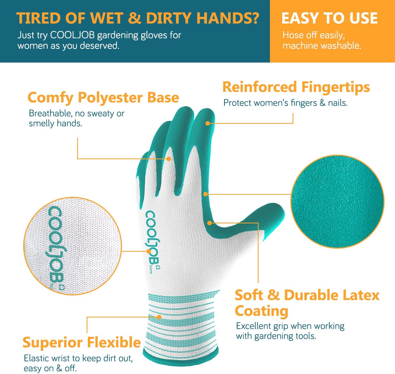 COOLJOB Gardening Gloves Best Gift for Women Ladies, 6 Pairs Breathable Rubber Coated Yard Garden Gloves, Outdoor Protective Work Gloves with Grip, Medium Size Fits Most, Red & Green - Image 3