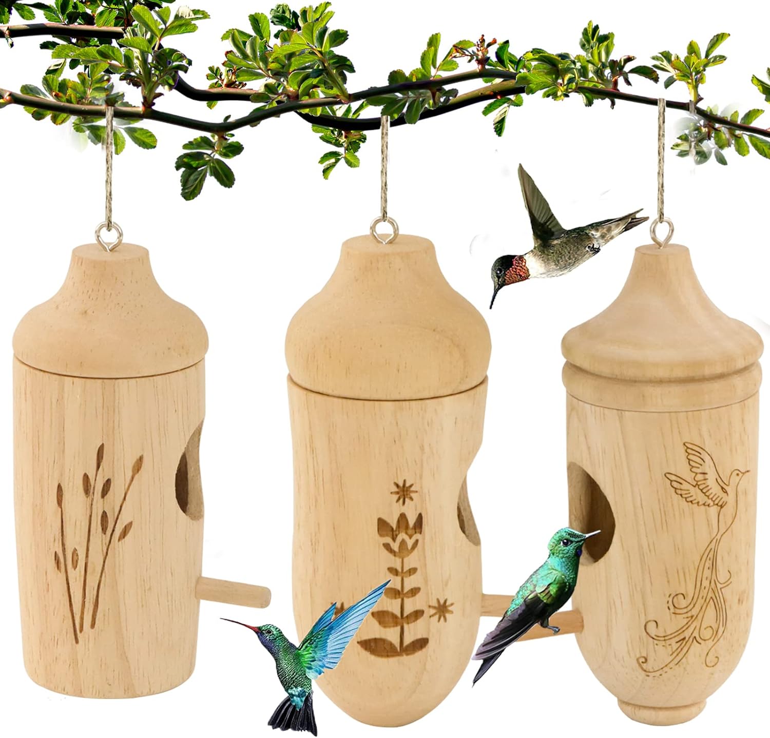 Hummingbird House - Natural Wooden Hummingbird Houses for Outside Hanging, Gardening Gifts Home Decoration 3 Packs