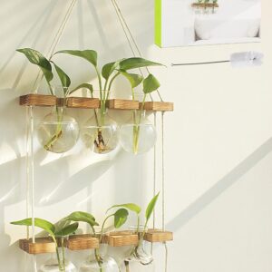 Plant Propagation Station Wall Hanging, Plant Terrarium with 2 Tiered Wooden Stand for Hydroponics Plants, Unique Gardening Gifts for Women Mom Plant Lovers - 6 Bulb Glass Vases