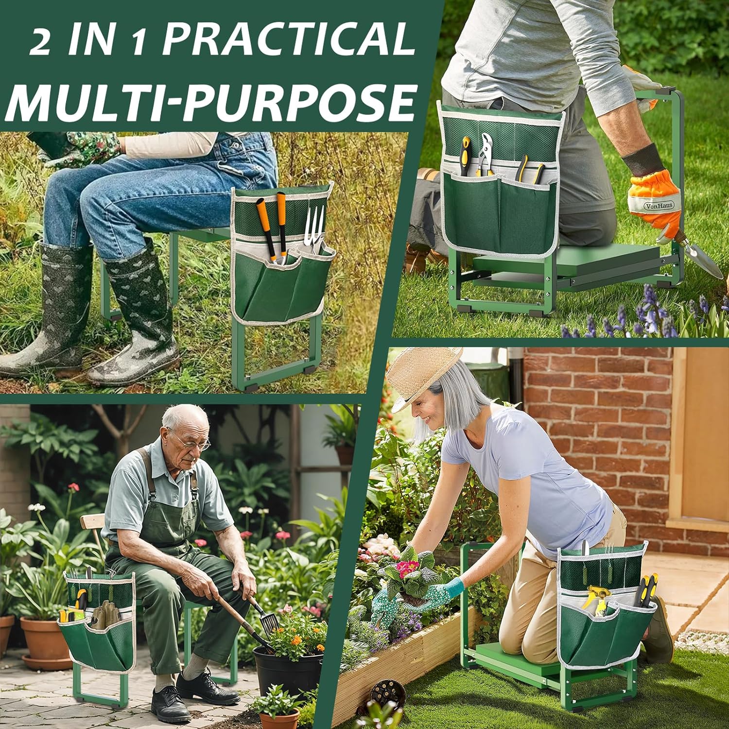 10.2" Wider Garden Kneeler and Seat, Heavy Duty Thick Gardening Bench for Kneeling and Seat - Garden Tools with Bags, Gardening Gifts for Women, Grandparents, Gardeners, Mom & Dad - Green - Image 7