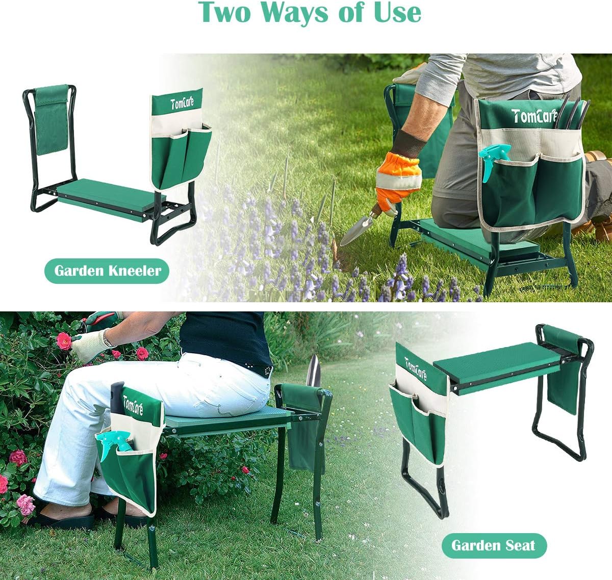 TomCare Garden Kneeler Seat Garden Bench Garden Stools Foldable Stool with Tool Bag Pouch EVA Foam Pad Outdoor Portable Kneeler Gardening Gifts for Women Men, Large 21.65"x10.62"x18.89", Green - Image 3
