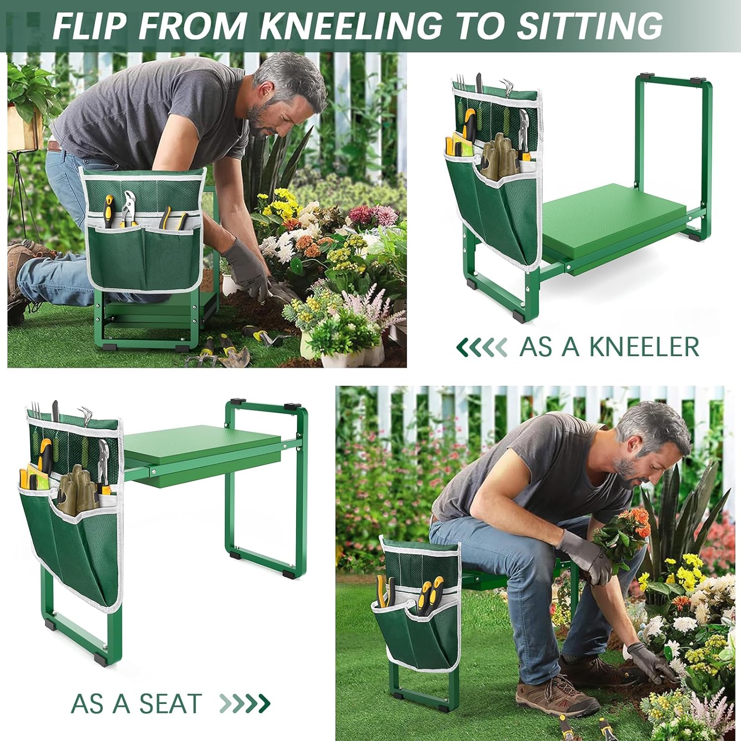 10.2" Wider Garden Kneeler and Seat, Heavy Duty Thick Gardening Bench for Kneeling and Seat - Garden Tools with Bags, Gardening Gifts for Women, Grandparents, Gardeners, Mom & Dad - Green - Image 5