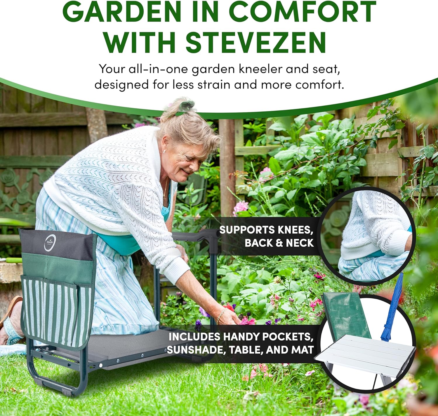 Garden Kneeler Seat Garden Bench Garden Stools Foldable Stool with Shade Umbrella (Patented) Tool Bag Pouch EVA Foam Pad Outdoor Portable Table Potting Mat Kneeler Gardening Gifts for Women Men - Image 4